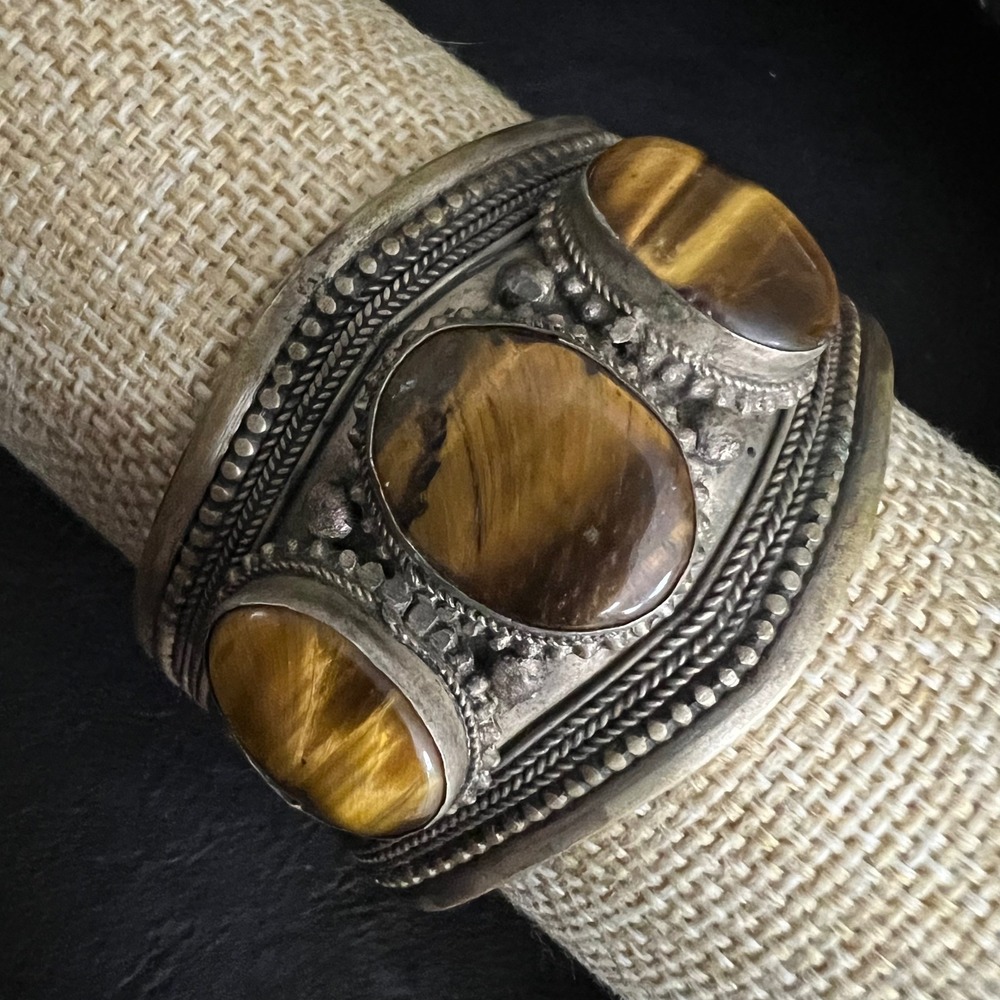 Vintage Tigers Eye Brass Tribal Cuff Bracelet 7 Inch Ethnic Aesthetic